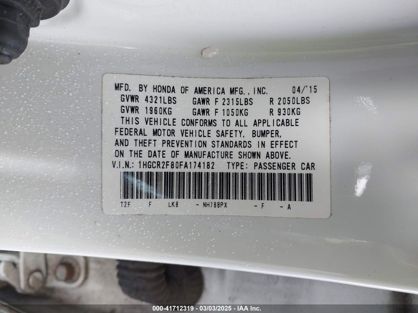 2015 HONDA ACCORD VIN: 1HGCR2F80FA174182