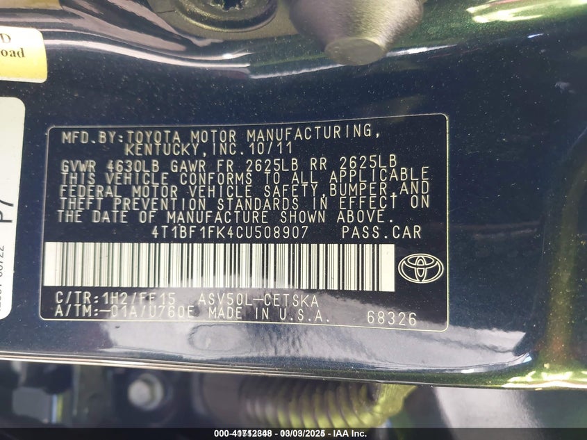 2012 Toyota Camry Se VIN: 4T1BF1FK4CU508907 Lot: 41712348