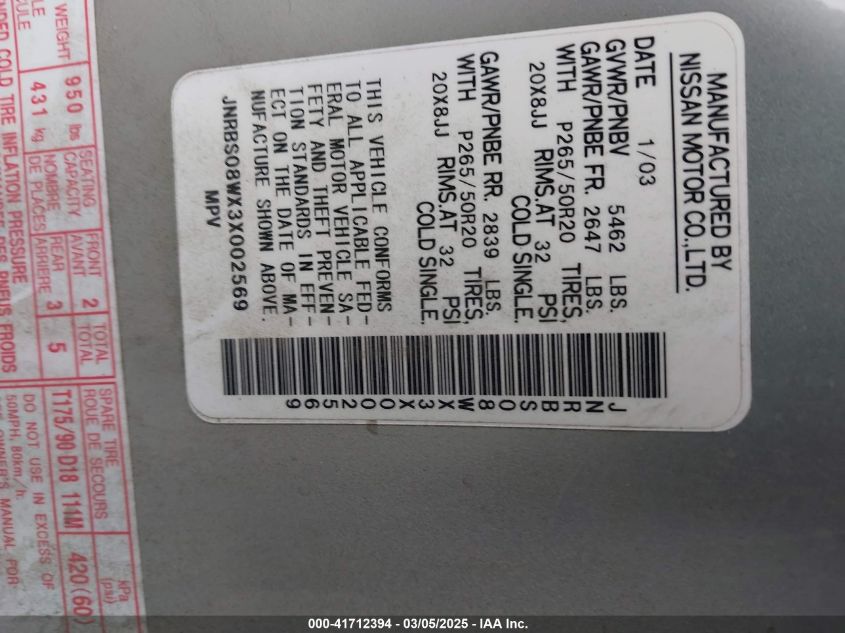 2003 Infiniti Fx45 VIN: JNRBS08WX3X002569 Lot: 41712394