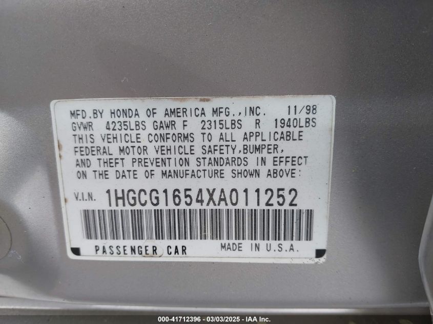 1999 Honda Accord Ex V6 VIN: 1HGCG1654XA011252 Lot: 41712396