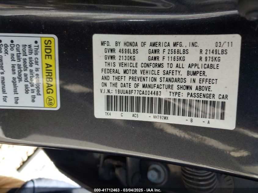 2012 Acura Tl 3.5 VIN: 19UUA8F77CA004483 Lot: 41712463