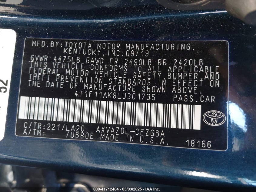 2020 TOYOTA CAMRY VIN: 4T1F11AK8LU301735