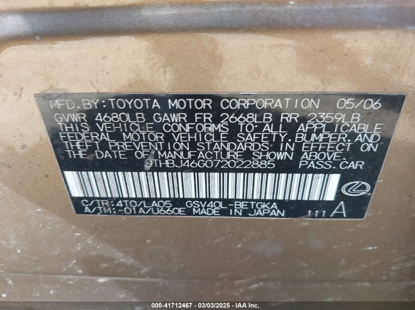 2007 Lexus Es 350 VIN: JTHBJ46G072022885 Lot: 41712467