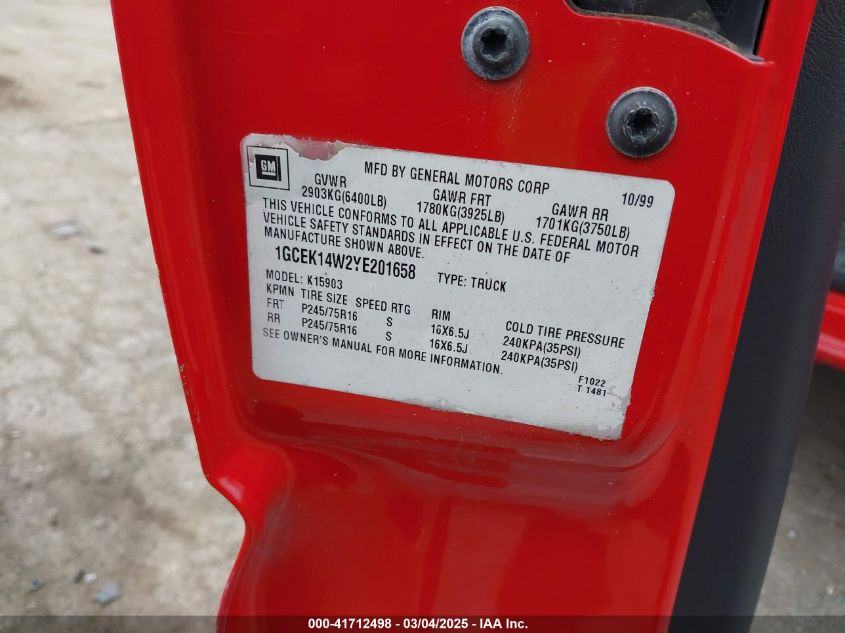 2000 Chevrolet Silverado 1500 VIN: 1GCEK14W2YE201658 Lot: 41712498