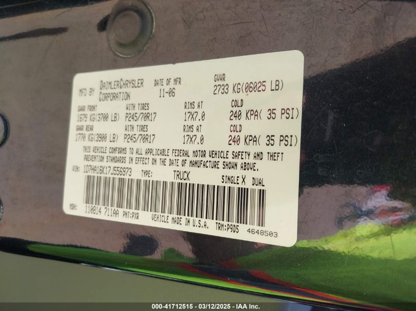 2007 Dodge Ram 1500 St VIN: 1D7HA16K17J556973 Lot: 41712515