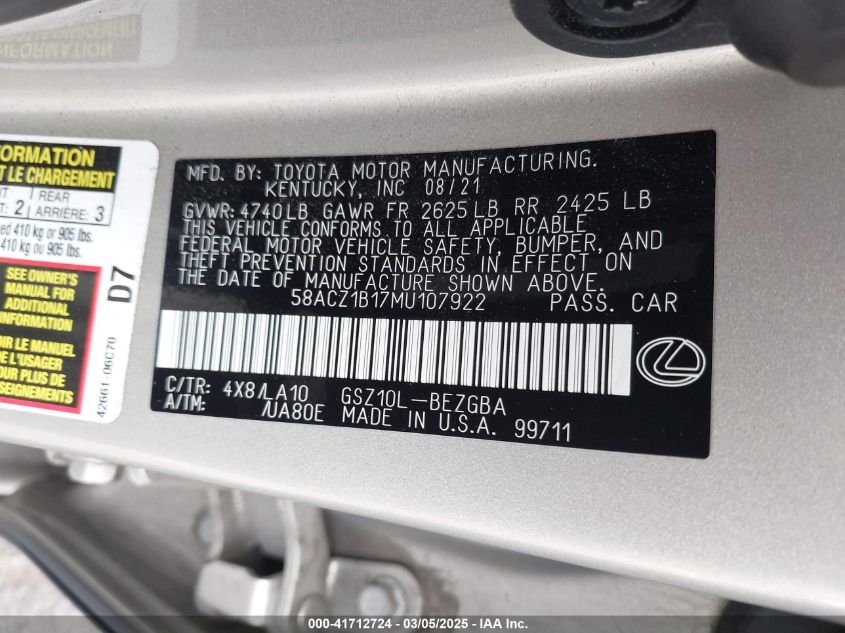 2021 Lexus Es 350 VIN: 58ACZ1B17MU107922 Lot: 41712724