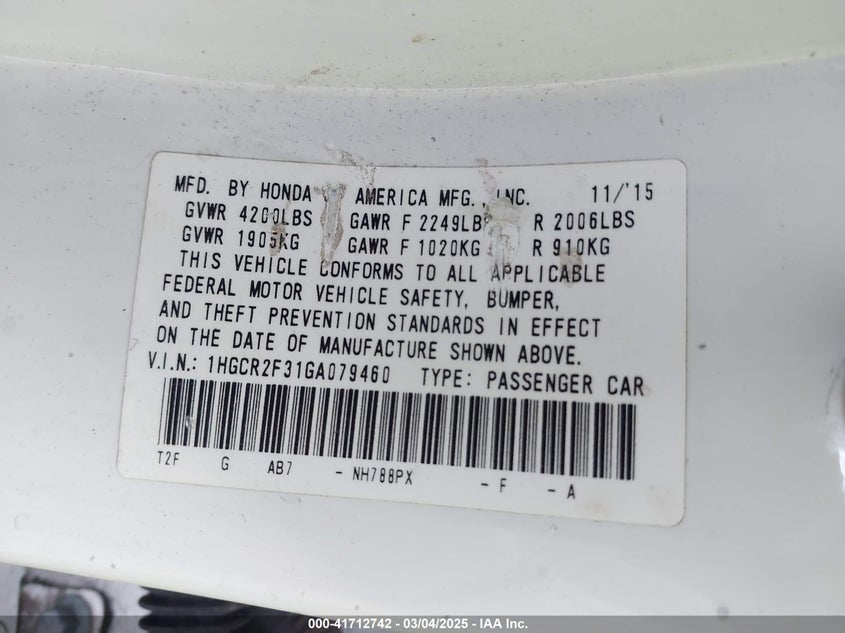 2016 HONDA ACCORD VIN: 1HGCR2F31GA079460