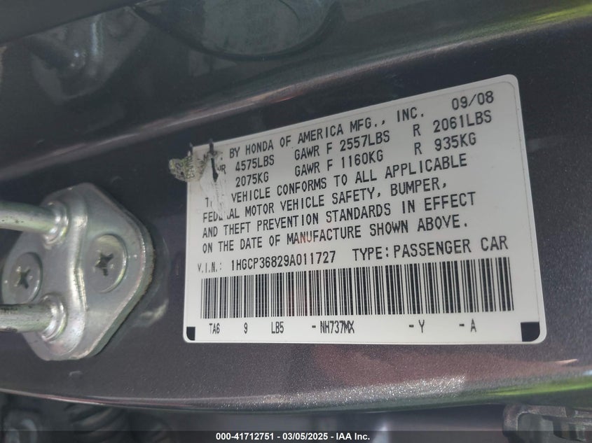 2009 HONDA ACCORD VIN: 1HGCP36829A011727