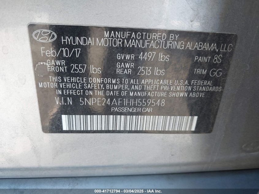 2017 Hyundai Sonata Se VIN: 5NPE24AF1HH559548 Lot: 41712794