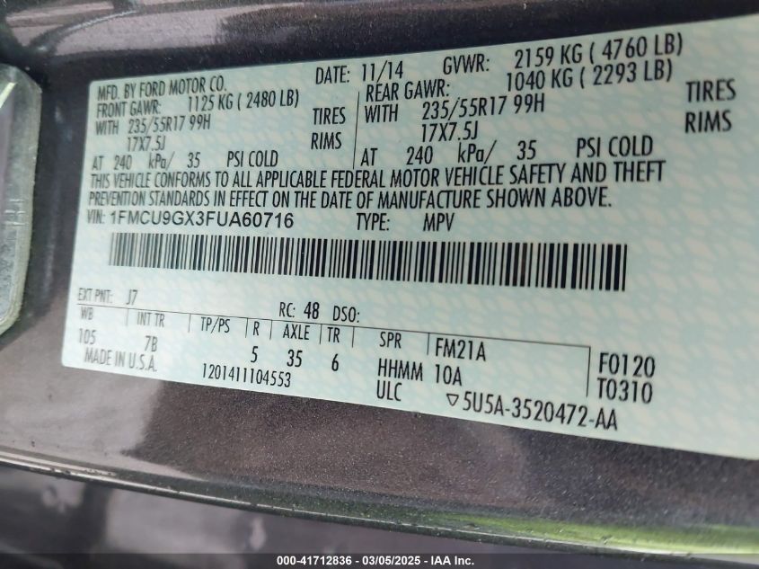 2015 Ford Escape Se VIN: 1FMCU9GX3FUA60716 Lot: 41712836