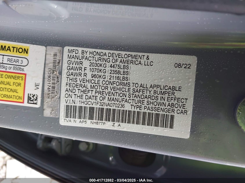 VIN 1HGCV1F32NA070236 2022 HONDA ACCORD SPORT