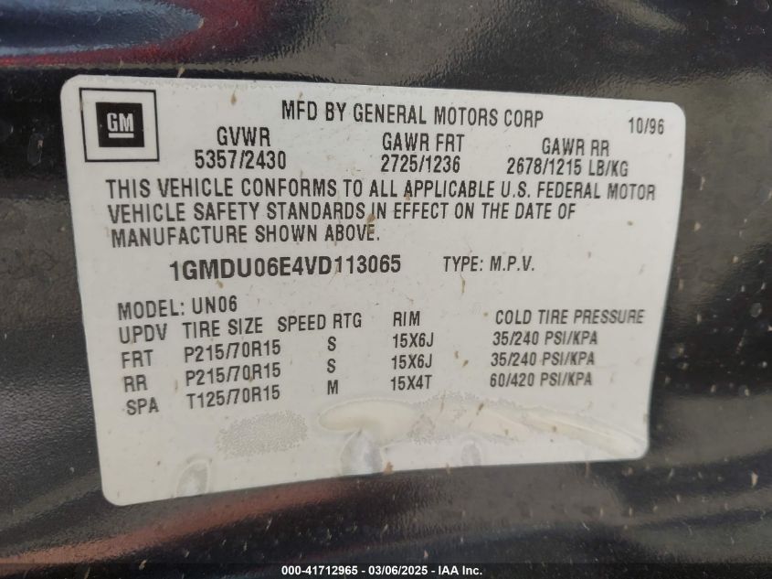 1997 Pontiac Trans Sport VIN: 1GMDU06E4VD113065 Lot: 41712965