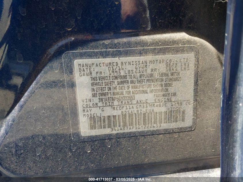 2016 Nissan Sentra S VIN: 3N1AB7AP5GY222653 Lot: 41713037