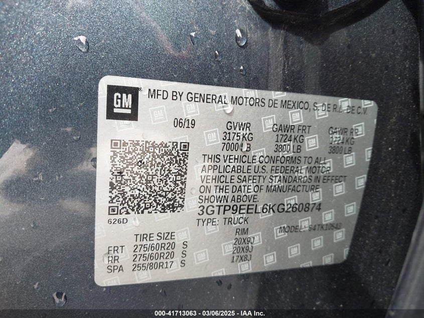 2019 GMC SIERRA VIN: 3GTP9EEL6KG260874