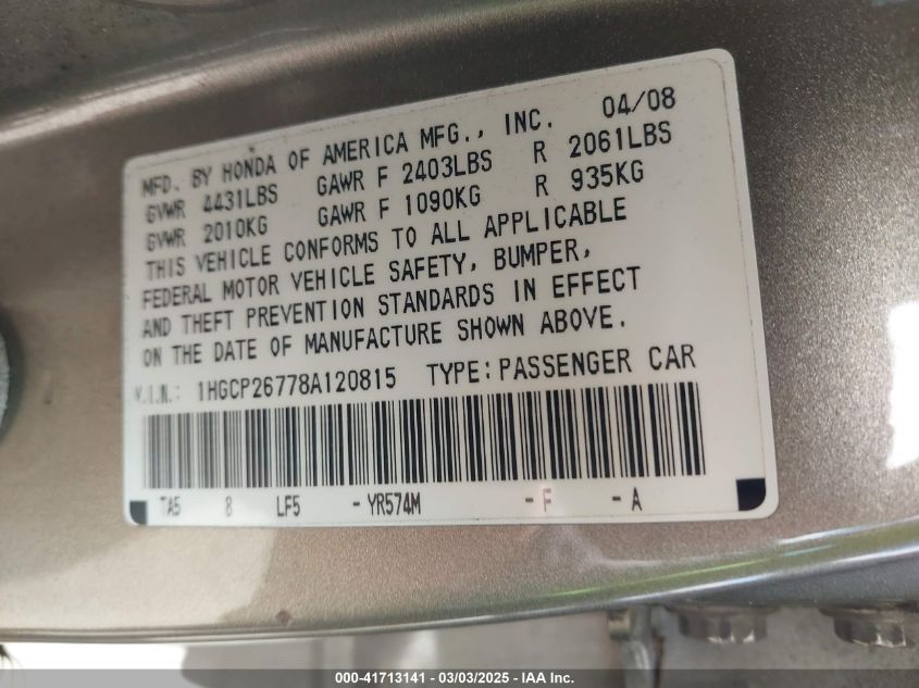 2008 Honda Accord 2.4 Ex VIN: 1HGCP26778A120815 Lot: 41713141