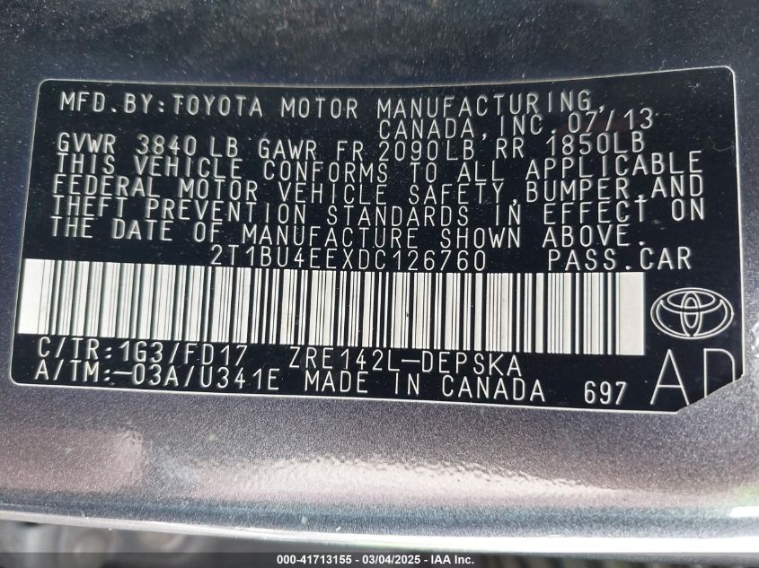 2013 Toyota Corolla S VIN: 2T1BU4EEXDC126760 Lot: 41713155