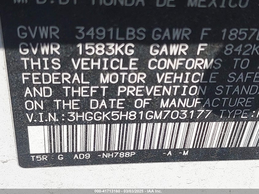2016 HONDA FIT VIN: 3HGGK5H81GM703177