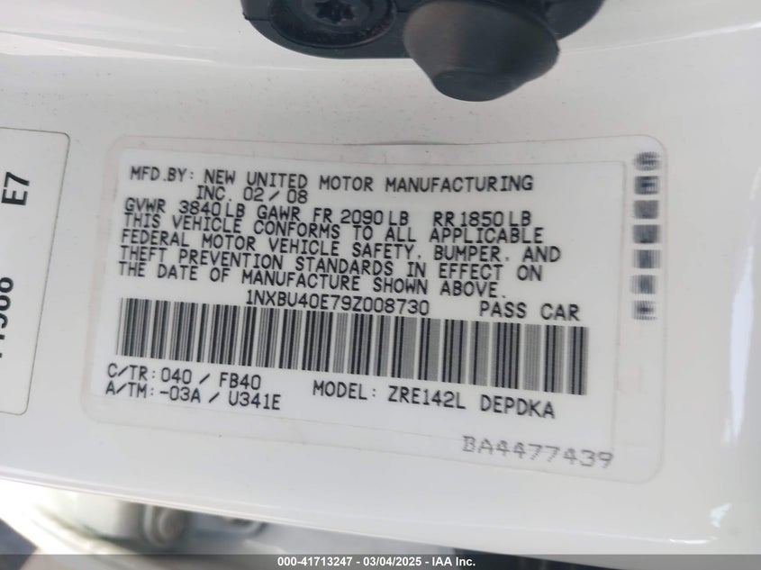 2009 TOYOTA COROLLA VIN: 1NXBU40E79Z008730