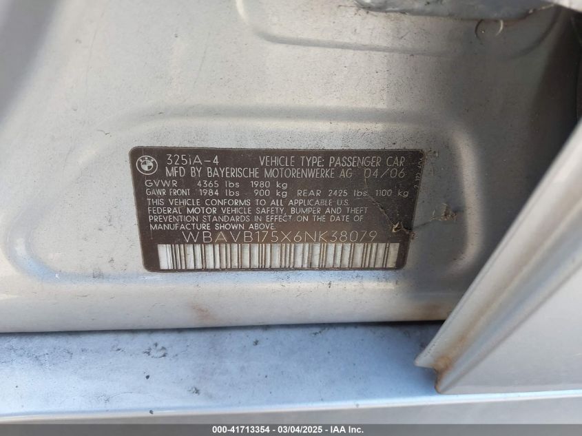 2006 BMW 325I VIN: WBAVB175X6NK38079 Lot: 41713354