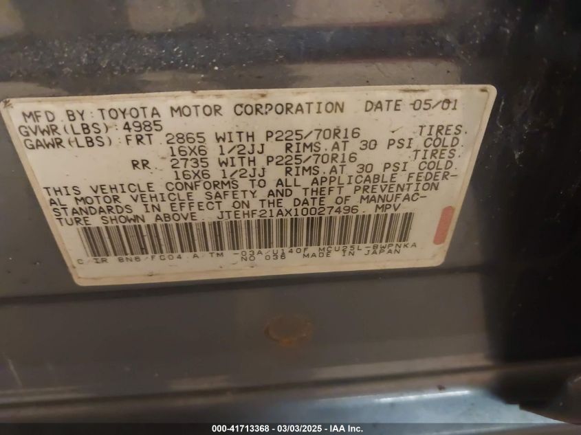 2001 Toyota Highlander V6 VIN: JTEHF21AX10027496 Lot: 41713368