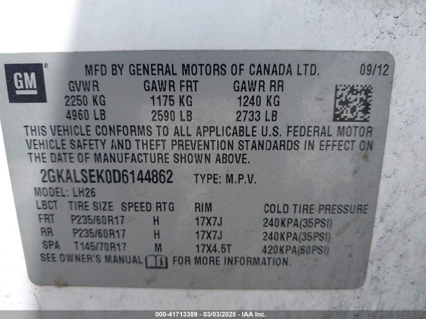 2013 GMC Terrain Sle-2 VIN: 2GKALSEK0D6144862 Lot: 41713389