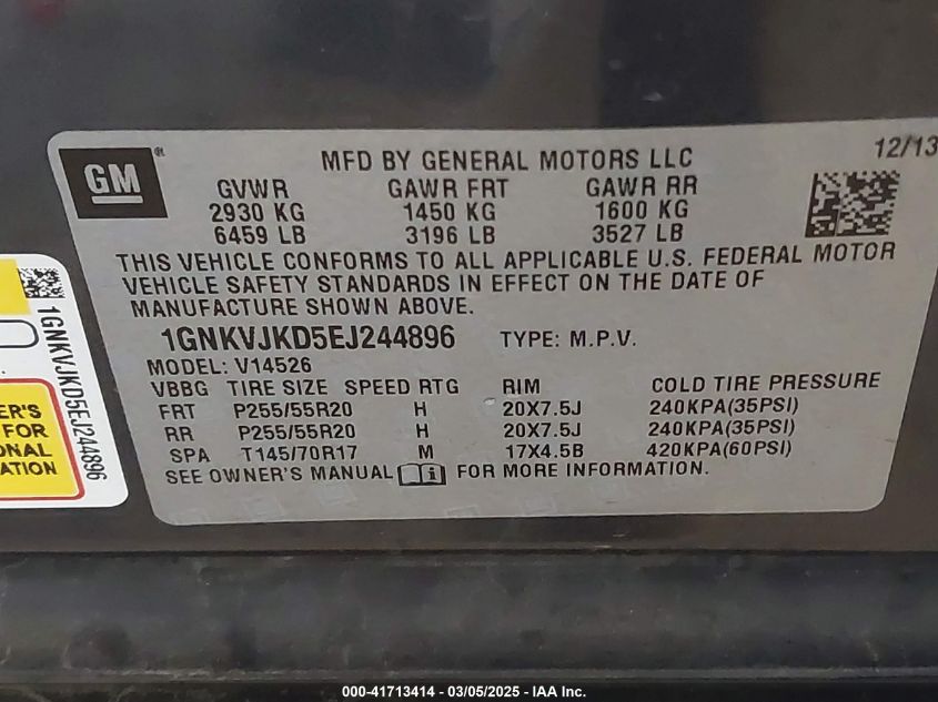 2014 Chevrolet Traverse Ltz VIN: 1GNKVJKD5EJ244896 Lot: 41713414