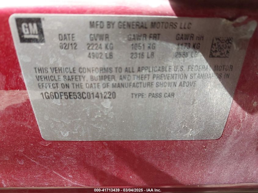 2012 Cadillac Cts Luxury VIN: 1G6DF5E53C0141220 Lot: 41713439