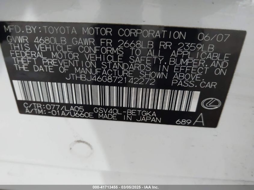 2007 Lexus Es 350 VIN: JTHBJ46G872142272 Lot: 41713455