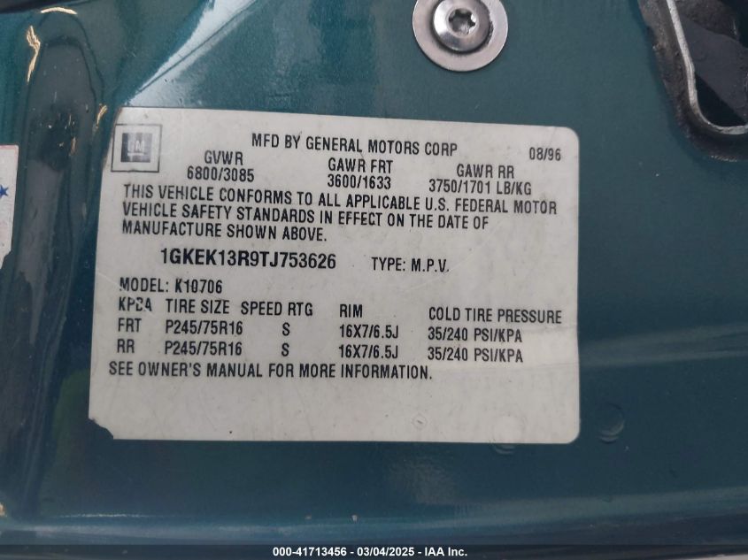 1996 GMC Yukon VIN: 1GKEK13R9TJ753626 Lot: 41713456