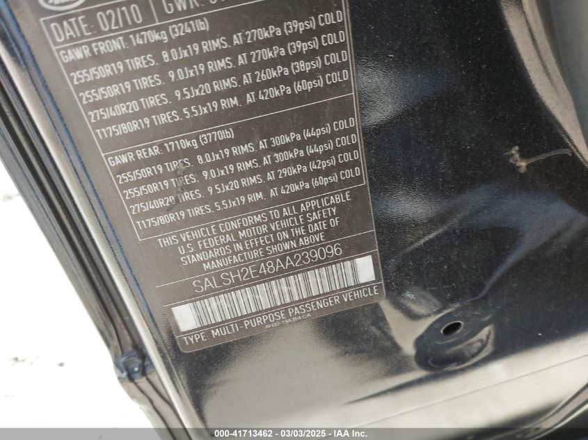 2010 Land Rover Range Rover Sport Supercharged VIN: SALSH2E48AA239096 Lot: 41713462