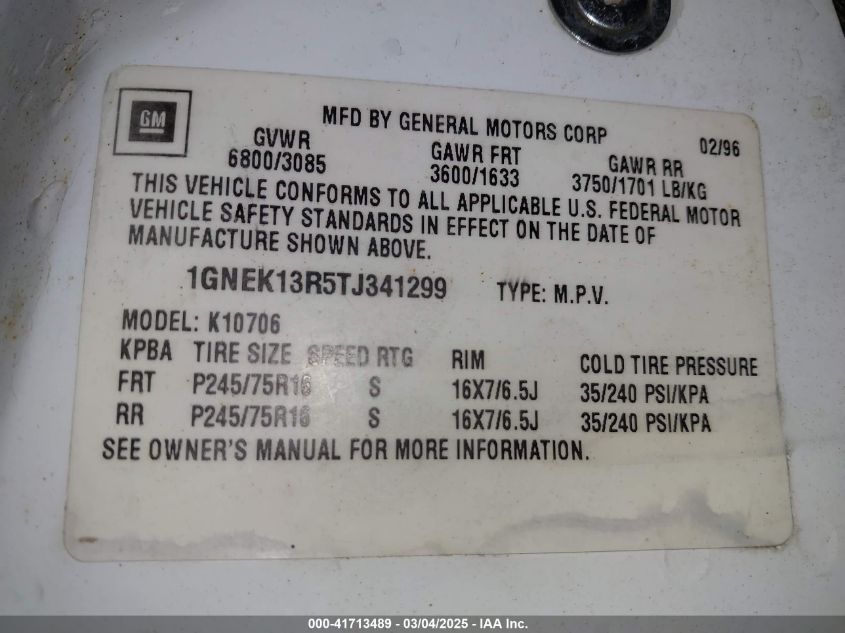 1996 Chevrolet Tahoe K1500 VIN: 1GNEK13R5TJ341299 Lot: 41713489