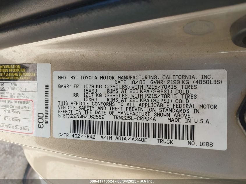 2006 Toyota Tacoma VIN: 5TETX22N36Z162582 Lot: 41713524