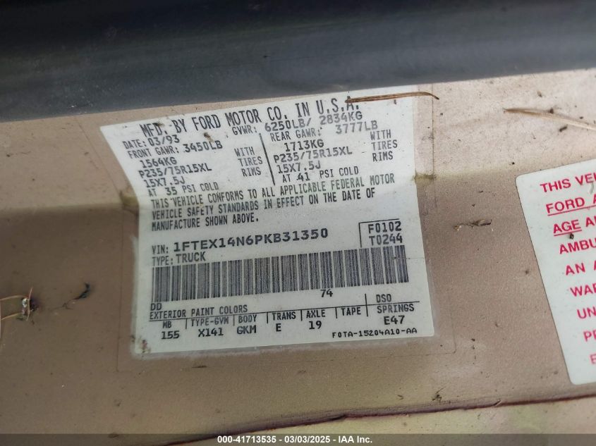1993 Ford F150 VIN: 1FTEX14N6PKB31350 Lot: 41713535
