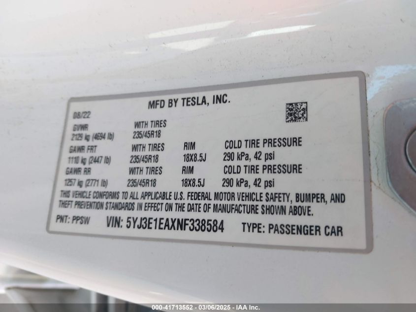 2022 Tesla Model 3 Rear-Wheel Drive VIN: 5YJ3E1EAXNF338584 Lot: 41713552
