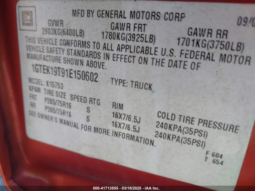 2001 GMC Sierra 1500 Sle VIN: 1GTEK19T91E150602 Lot: 41713555
