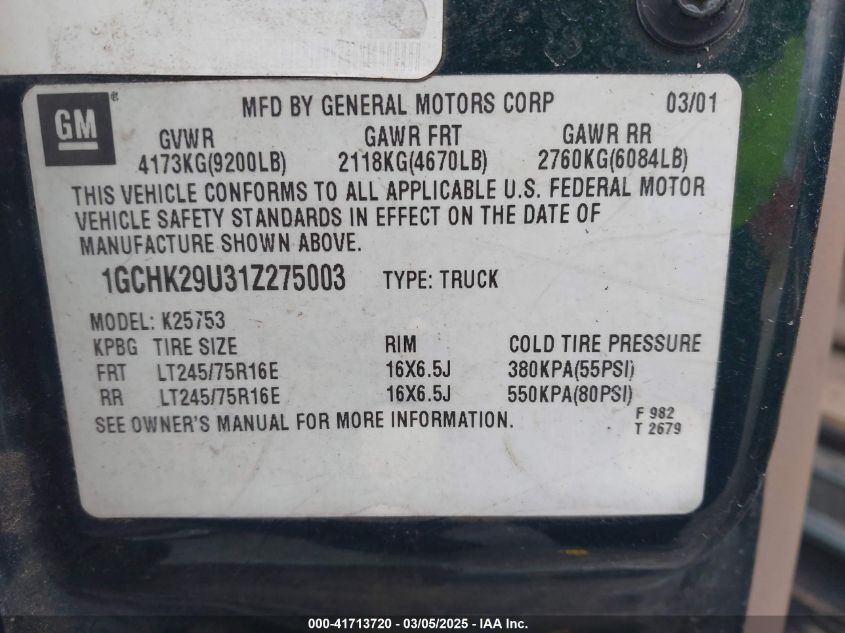 2001 Chevrolet Silverado 2500Hd Lt VIN: 1GCHK29U31Z275003 Lot: 41713720