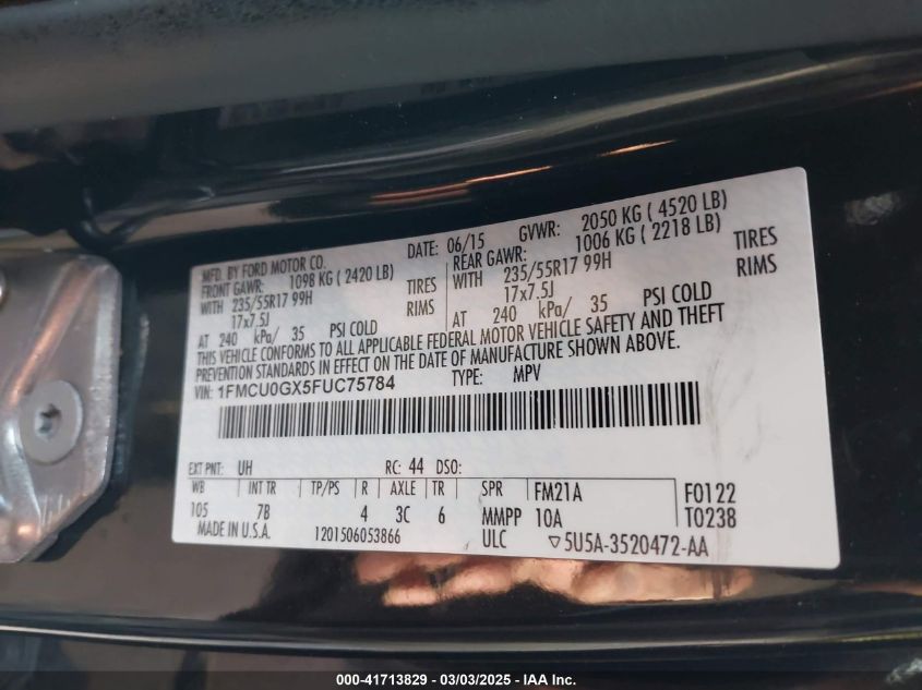 2015 Ford Escape Se VIN: 1FMCU0GX5FUC75784 Lot: 41713829