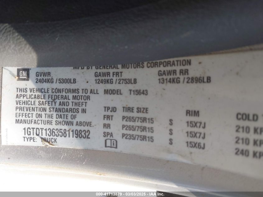 2005 GMC Canyon Sle VIN: 1GTDT136358119832 Lot: 41713879