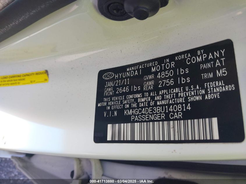 2011 Hyundai Genesis 3.8 VIN: KMHGC4DE3BU140814 Lot: 41713880