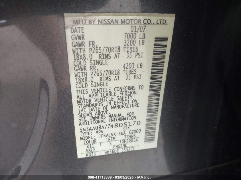 2007 Infiniti Qx56 VIN: 5N3AA08A77N805170 Lot: 41713889