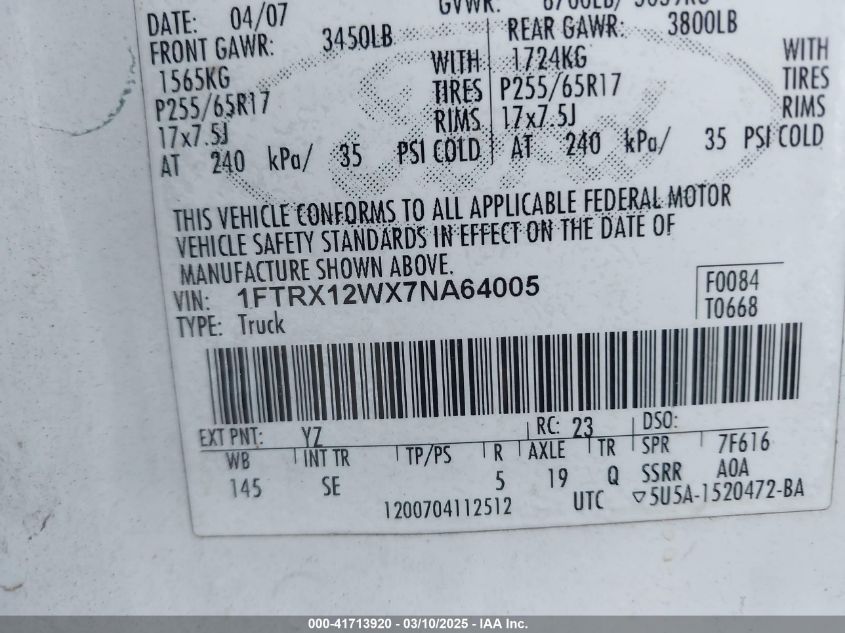 2007 Ford F-150 Stx/Xl/Xlt VIN: 1FTRX12WX7NA64005 Lot: 41713920