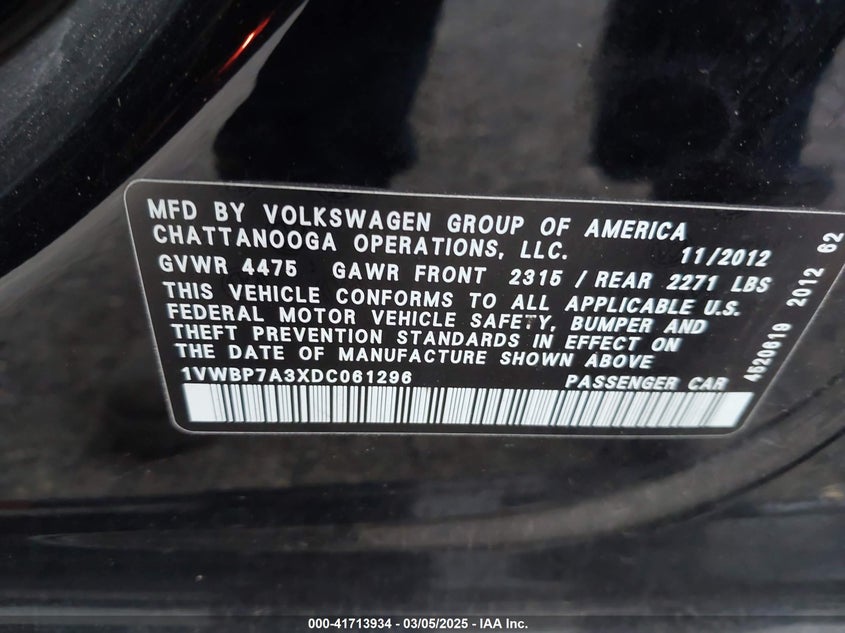 2013 VOLKSWAGEN PASSAT VIN: 1VWBP7A3XDC061296