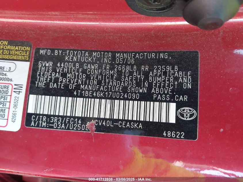 2007 Toyota Camry Se VIN: 4T1BE46K17U024090 Lot: 41713938