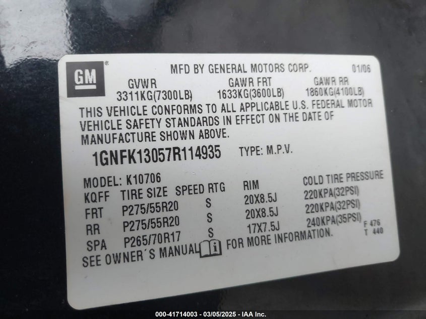 2007 CHEVROLET TAHOE VIN: 1GNFK13057R114935