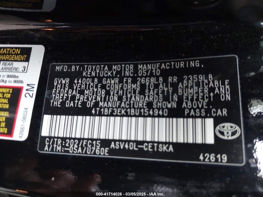 2011 TOYOTA CAMRY VIN: 4T1BF3EK1BU154940