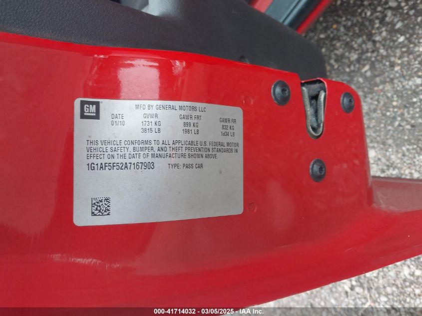 2010 Chevrolet Cobalt Lt VIN: 1G1AF5F52A7167903 Lot: 41714032