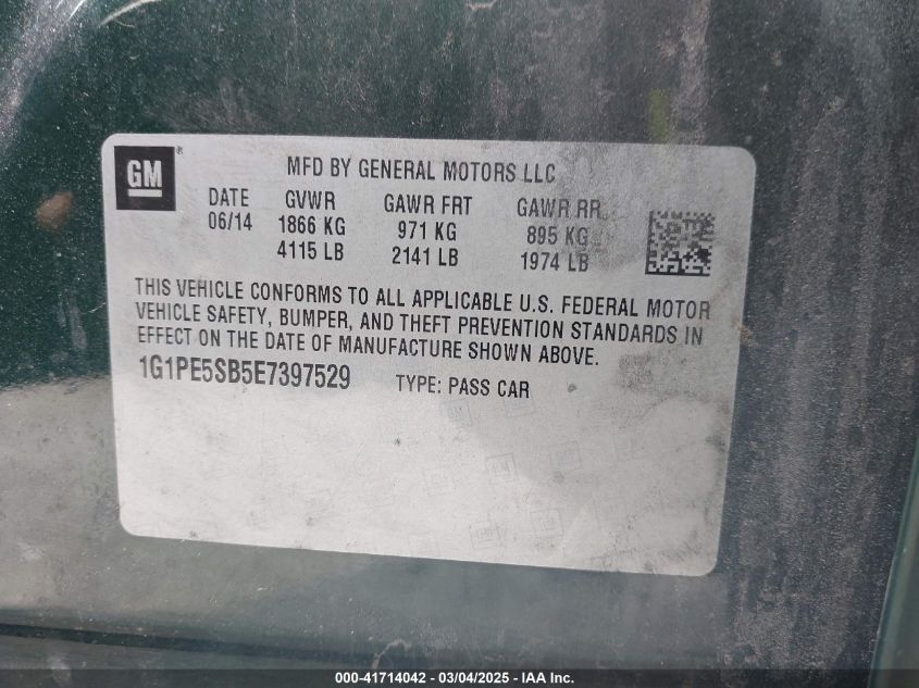 2014 Chevrolet Cruze 2Lt Auto VIN: 1G1PE5SB5E7397529 Lot: 41714042