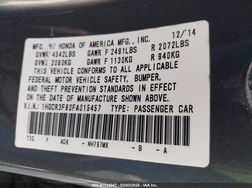 2015 HONDA ACCORD VIN: 1HGCR3F80FA015457