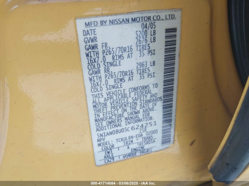 2005 Nissan Xterra S VIN: 5N1AN08U05C624251 Lot: 41714084