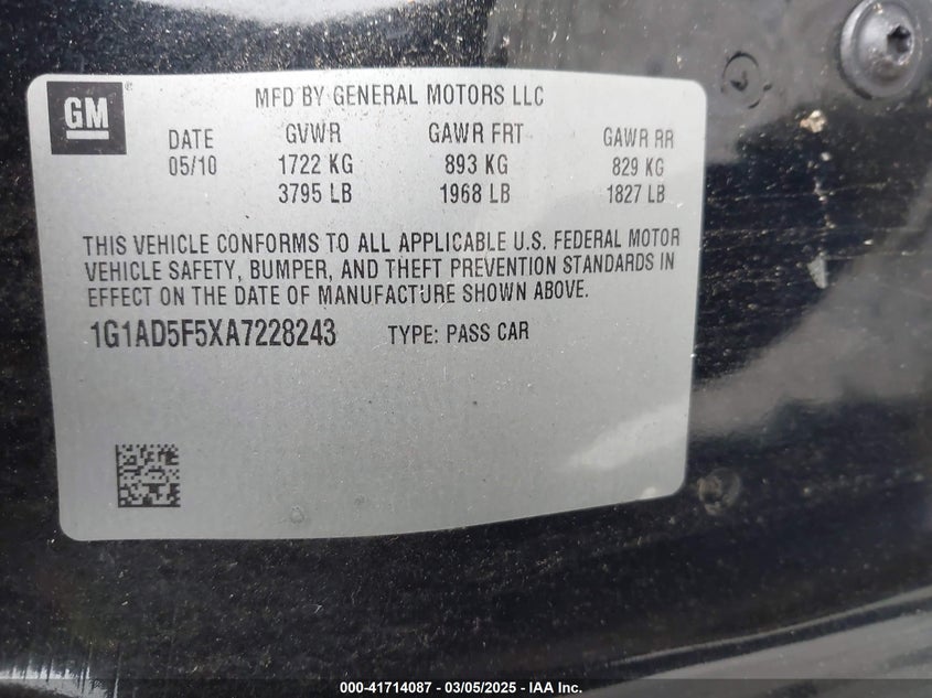 2010 CHEVROLET COBALT VIN: 1G1AD5F5XA7228243